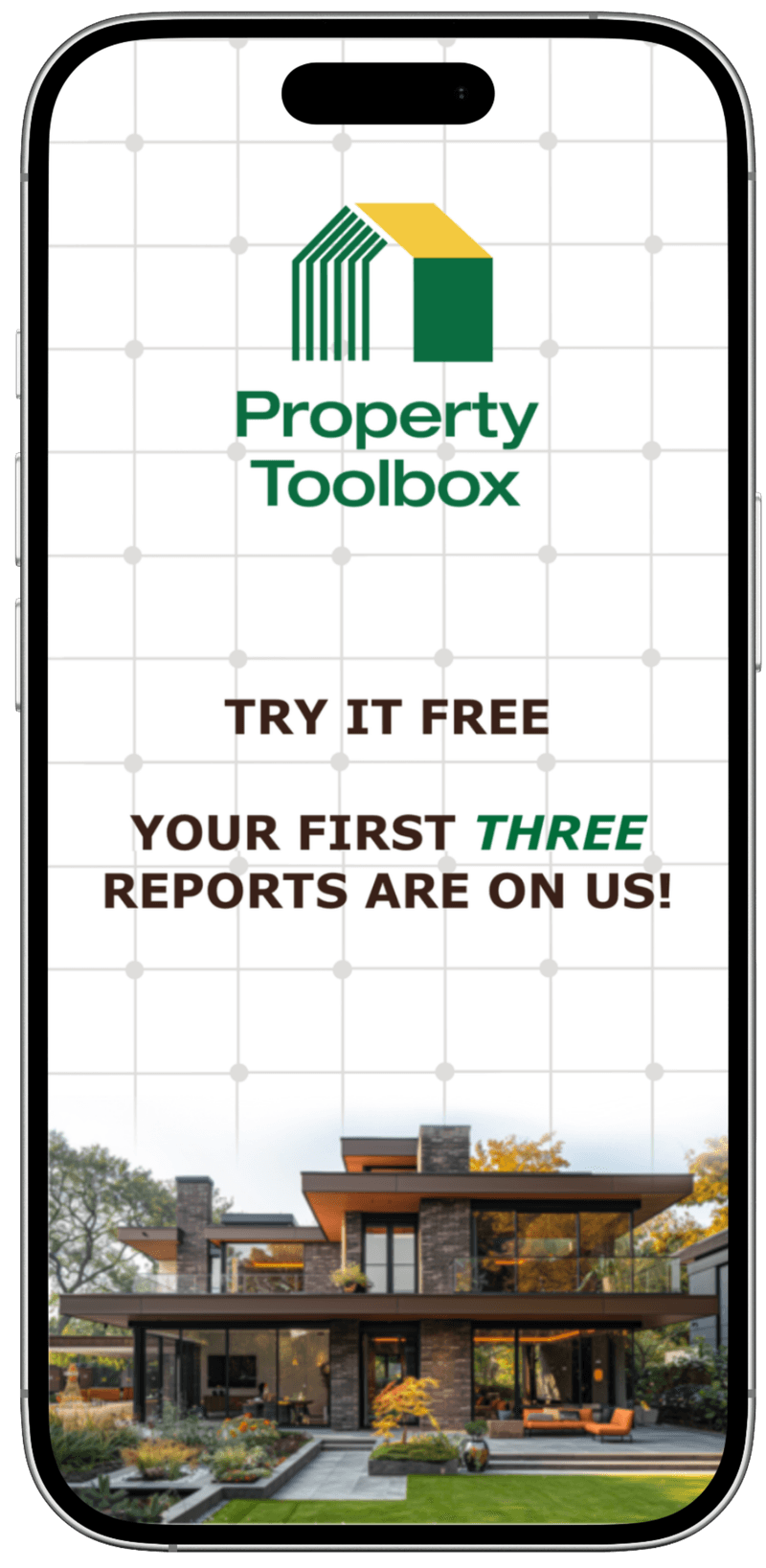Property Toolbox MGMT app welcome screen: try it free, your first three reports are on us